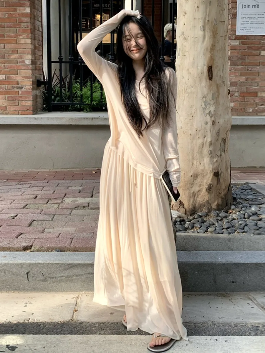 Korean High-End Lady Style Shoulder-Bared Loose Fitting Long Sleeve T-Shirt Top And High Waist  Skirt Two-Piece Set for W...