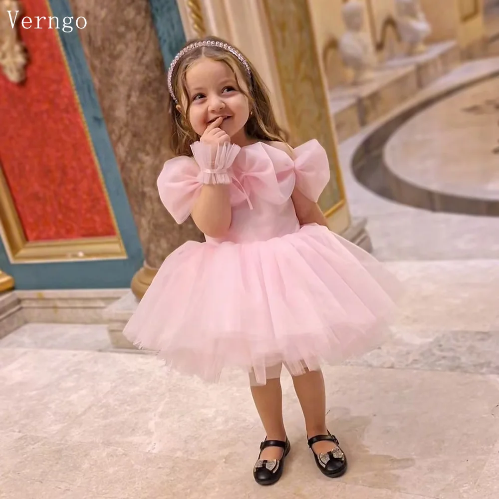 Verngo Pink Tulle Short Baay Dress Puff Short Sleeves A Line Ball Gown Girl Flowers Dress Princess Party Dress Customized