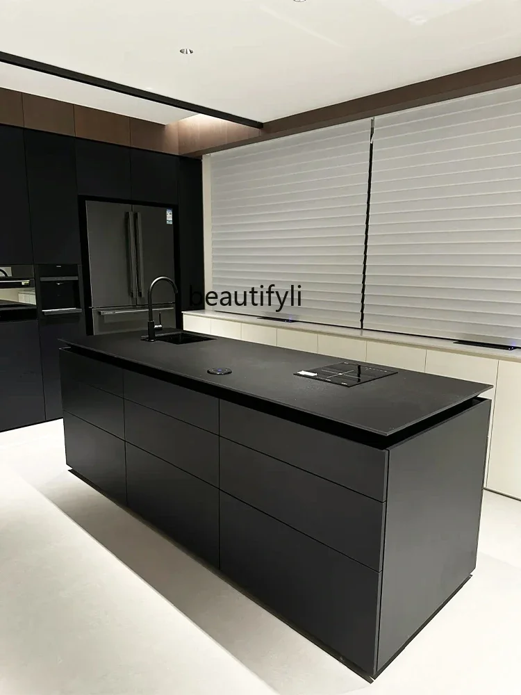 

Black rock slab bar table integrated Italian minimalist western kitchen guide table custom open kitchen