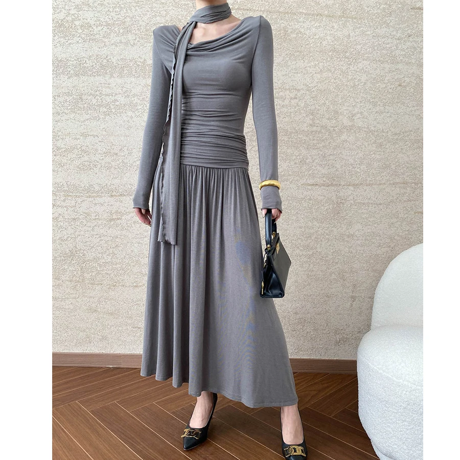 2024 New 65% Cotton And 30% Acrylic Material Autumn Women Long Dress Lace Up Neck Design Long Sleeve Slim Women Maxi Dress