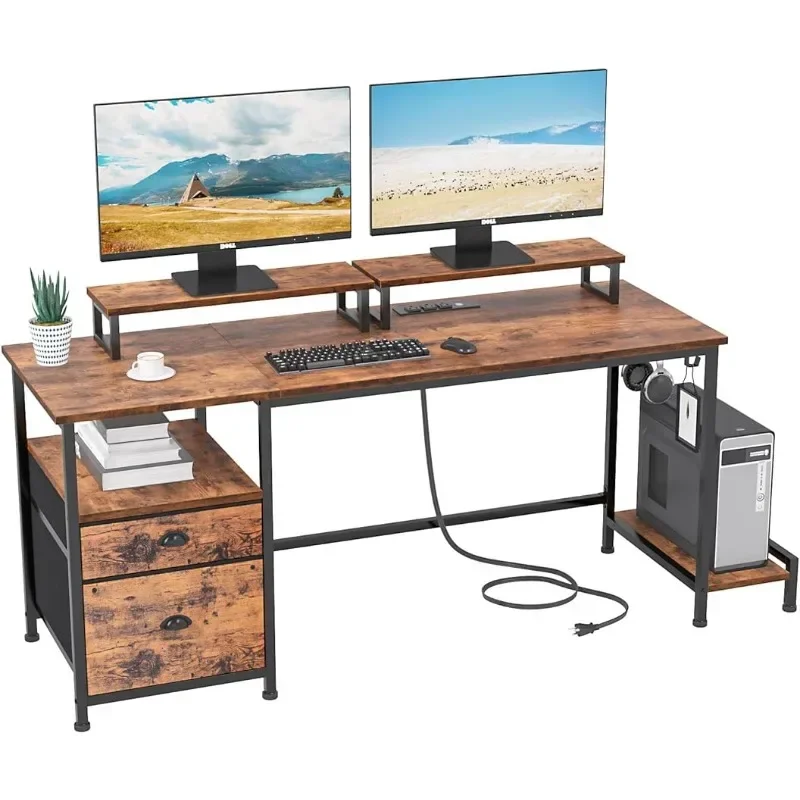Desk with Drawer and Power Outlets, Compter Desk with Fabric File Cabinet and Movable Monitor Shelf, Writing Gaming Table
