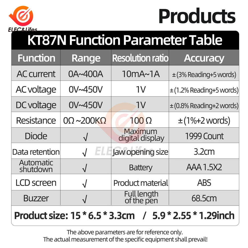 KT87N Mini Digital Clamp Meters 1999 Count AC/DC Voltage AC Current 600V True RMS Multimeter Capacitance Electrical Tester Tools