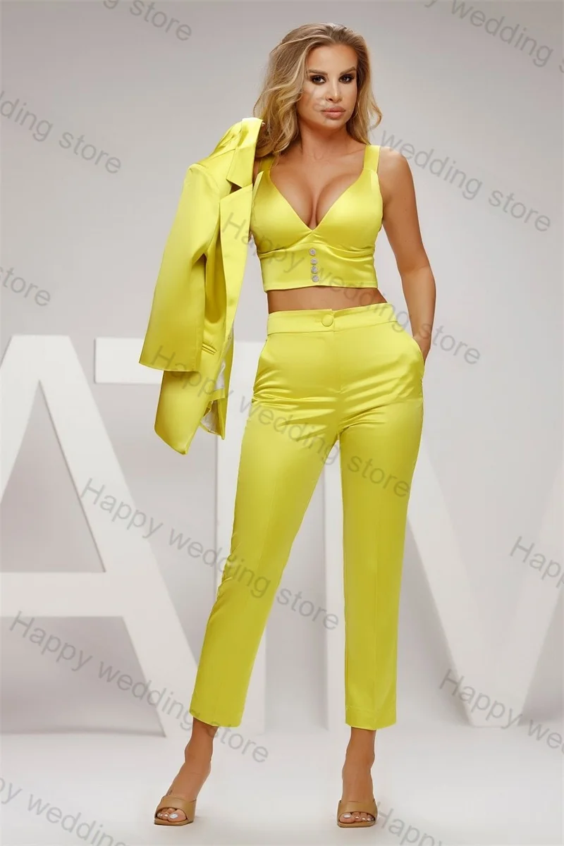 Yellow Satin Women Suit Set 3 Piece Top+ Blazer+Pants Wedding Tuxedo Party Prom Dress Tailored Jacket Coat Trousers Custom Made