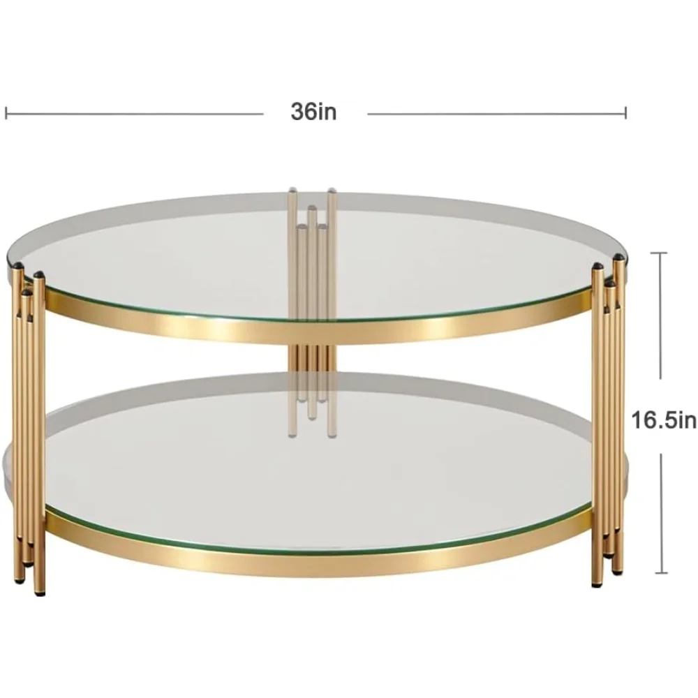 โต๊ะกาแฟกระจกสีทองทรงกลมขนาด 36 นิ้ว - โต๊ะทรงกลม 2 ชั้นพร้อมโครงโลหะ สำหรับห้องนั่งเล่น/บ้าน/สำนักงาน/อพาร์ทเมนต์