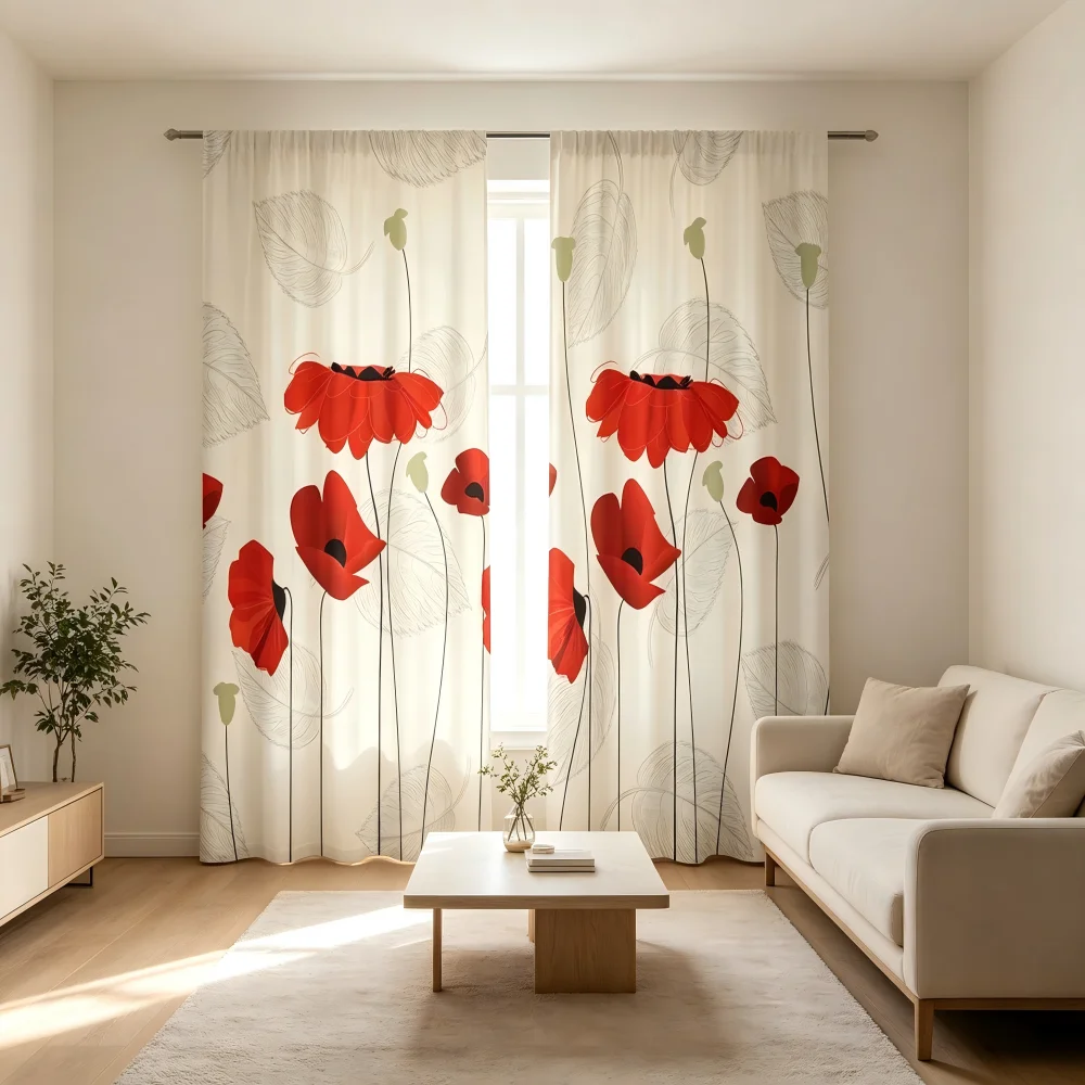 2PCS Red Poppy Flower Print Curtains Rod Pocket