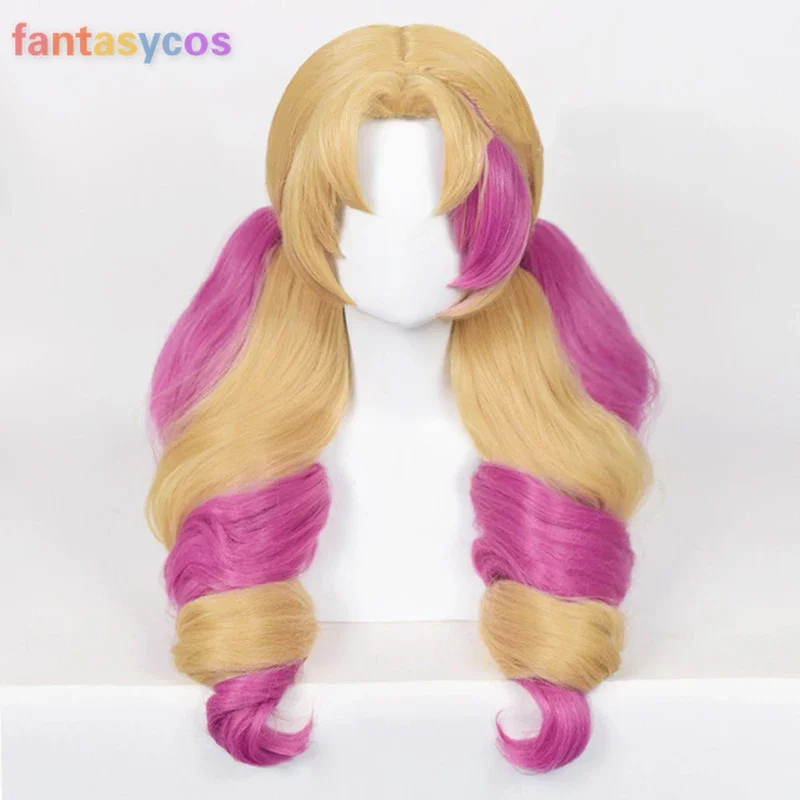 LoL Gwen Cosplay Cafe Cutie Cosplay Wig 70cm Wave Yellow Pink Mixed Wig with Ears Heat Resistant Wigs for Halloween Costume