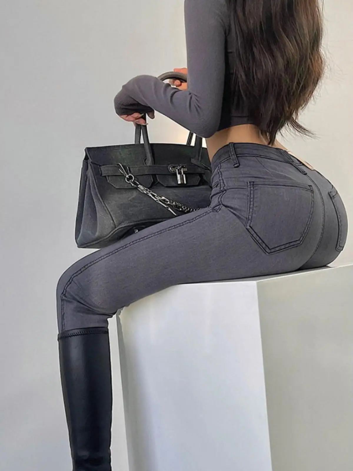 

Женские джинсы для йоги с высокой талией, весенне-осенние, европейский стиль, эластичные, с манжетами, фасон «карандаш», цвет персиковый