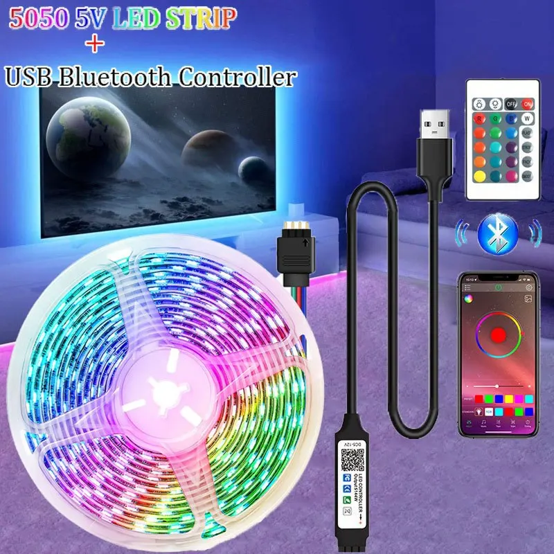 USB 1–30 m LED-Lichtleiste RGB 5050 Bluetooth Wifi APP-Steuerung Luces LED-Lichtleiste Lichter Musik-Synchronisierung für Party PC