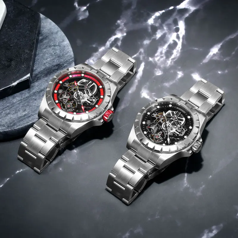 BODERRY Mens นาฬิกาอัตโนมัตินาฬิกาทหารนาฬิกาข้อมือกีฬา 50 M กันน้ํา Sapphire Mirror Skeleton Dial Luminous
