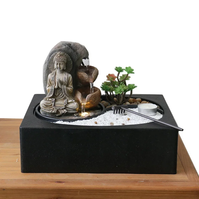 

Zen Desktop LED Waterfall Fountain Buddha Statue Lucky Feng Shui Decoration Indoor Relaxation Meditation Sand Garden Kit Feature