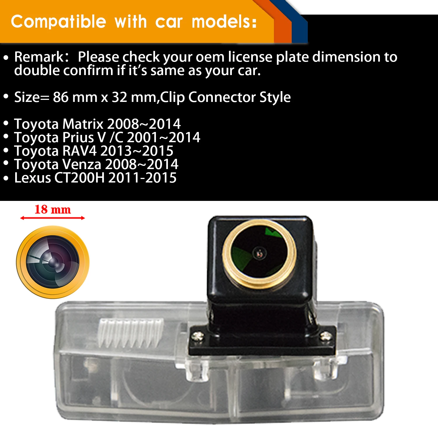 HD 720p Rear View Backup Camera for Lexus CT200H 2013-2015, Night Vision Camera Integrated in Number Plate Light License Camera