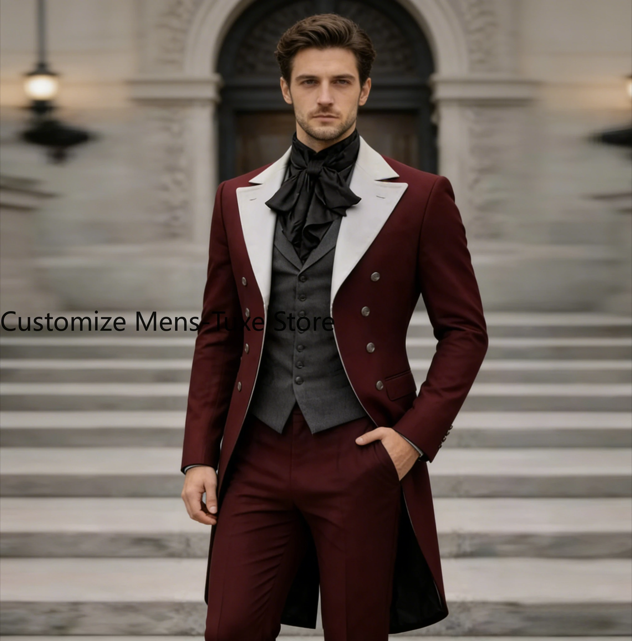 

Burgundy White Grey Long Blazer Formal Men Suit Wedding Party Groom Prom Business Male Tuxedos 3 Piece Set Jacket Vest Pants