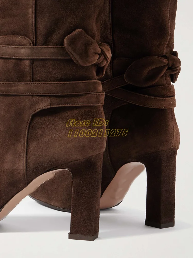 Bow Tie Suede Knee Boots Wrap-around Straps Almond Toes Block Heel Slip On Ankle Straps Fashion 2024 Winter Women Dress Shoes