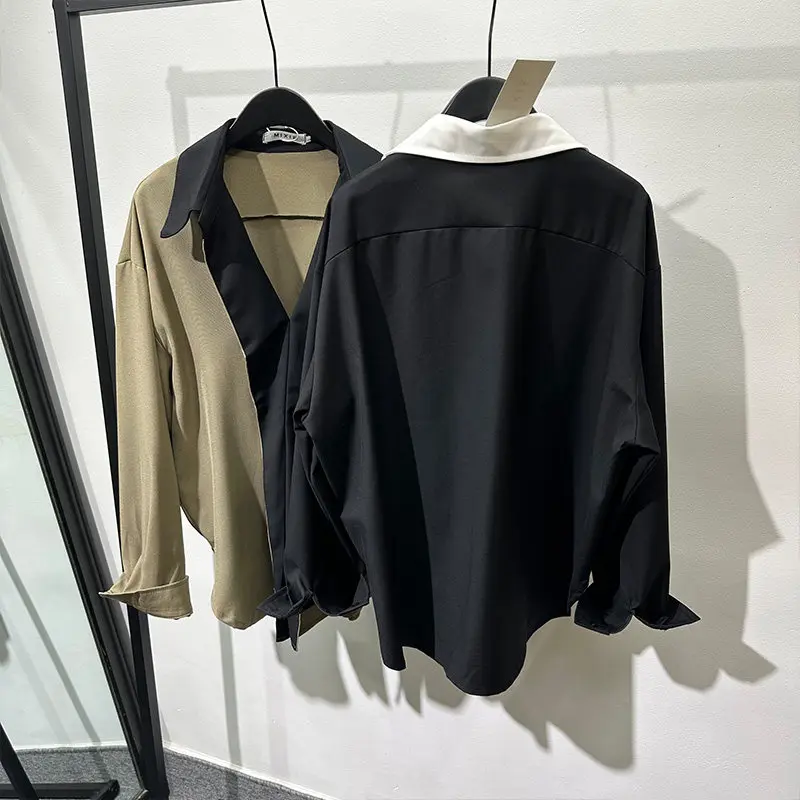Design Stitching Contrast Color Long Sleeves Shirt Khaki Black Retro Lapel Pullover Non-Ironing Top Fashion Youth Daily Wear