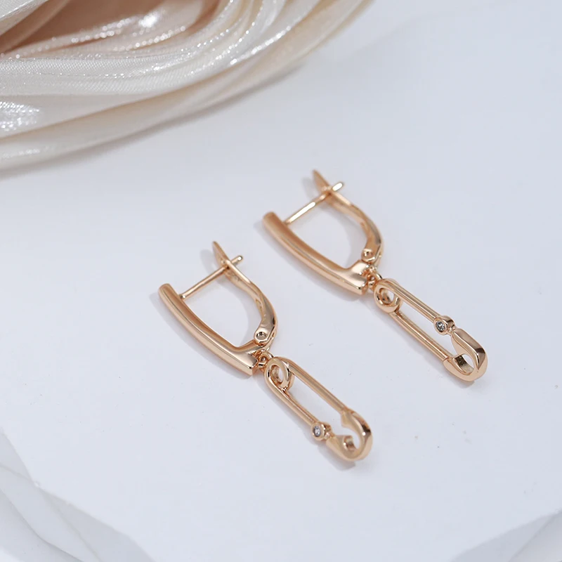 SYOUJYO 585 Rose Gold Color Paper Clip Drop Earrings For Women Natural Zircon Fine Jewelry Easy Matching Vintage Long Earrings