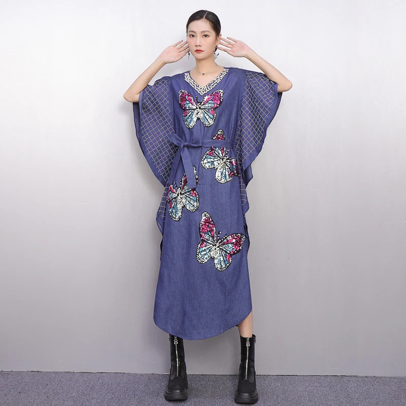 2025 Herfst Winter Elegante Vrouwen Losse Denim V-hals Lange Jurken Vrouwelijke Geborduurde Lange Mouw Jurk Groothandel J2079