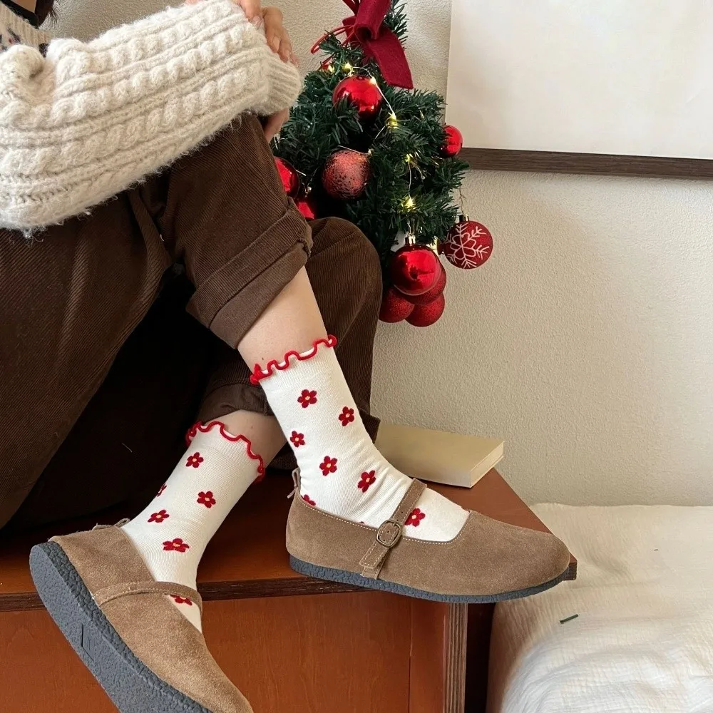 

Plaid Combed Cotton Red Socks Breathable Sweet Heart Polka Dot Socks Soft Fashion Flower Socks Lunar New Year