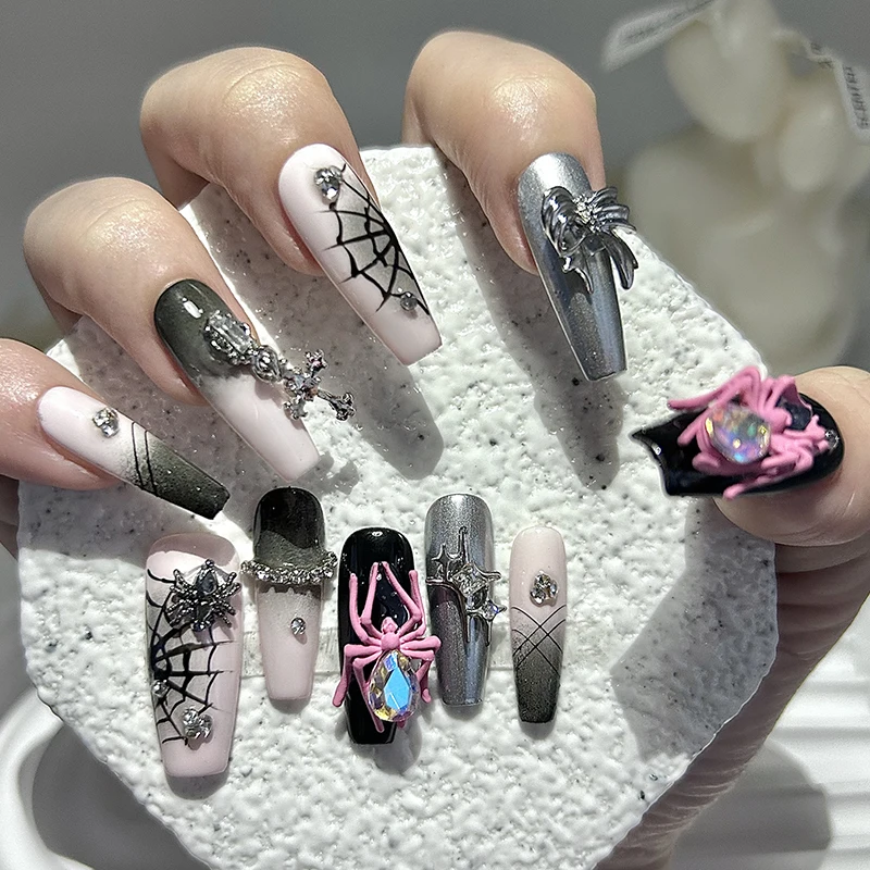 

10 шт., подарки на Хэллоуин, стиль панк, ручная работа, пресс для ногтей, черный, розовый, ослепительный паук, искусство, накладные ногти, съемные, многоразовые