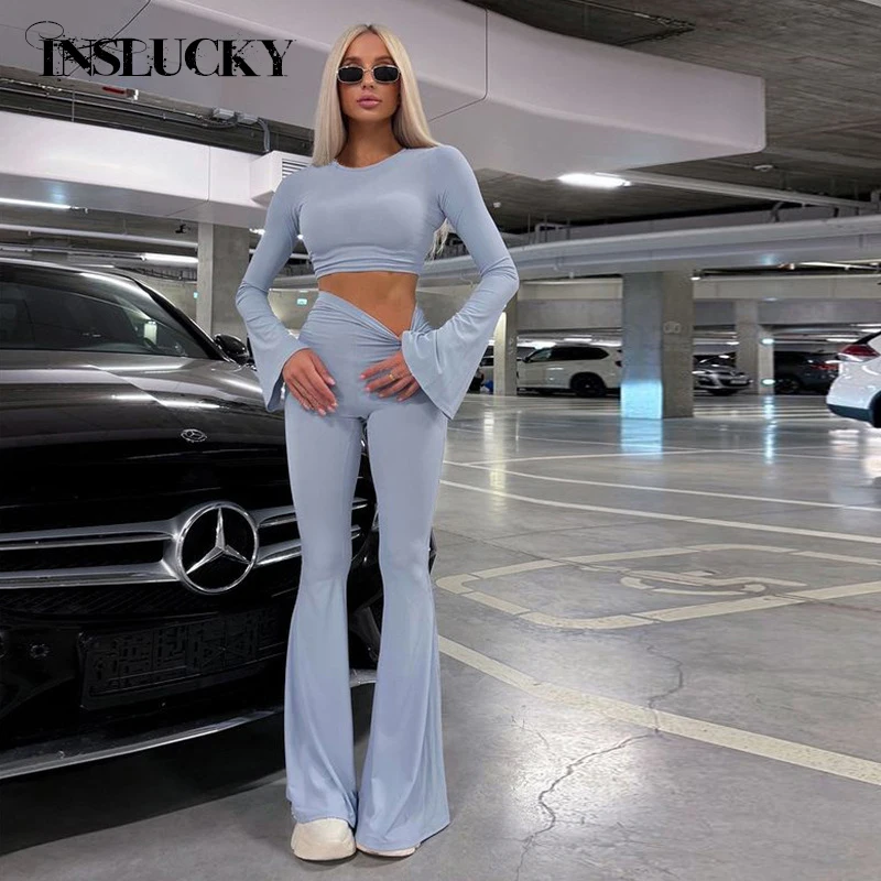 

InsLucky Autumn Fashion Bodycon Skinny Women Two Piece Set Flare Sleeve O Neck Slim Cropped Top And High Waist Flare Pants Suit