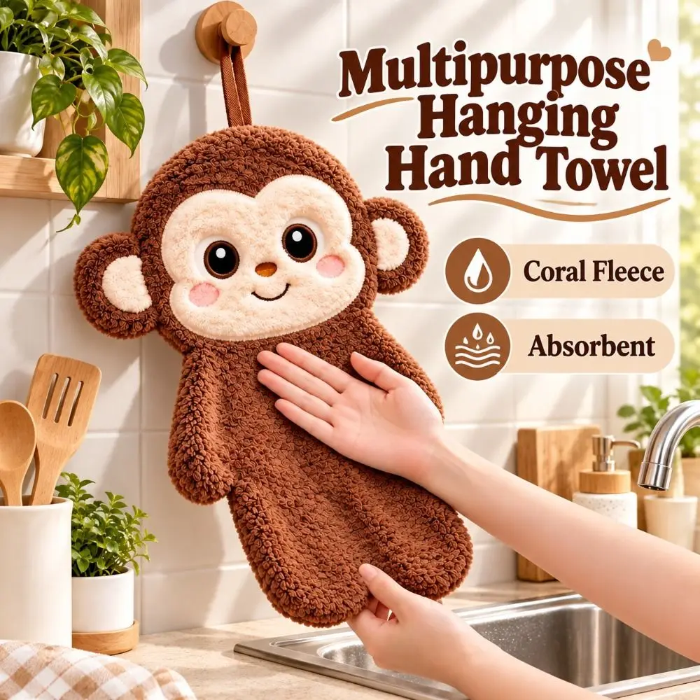 New Monkey Shape Hanging Hand Towel Absorbent Thickened Coral Fleece Towel Soft Odor Resistant Cartoon Hand Cloth Kitchen