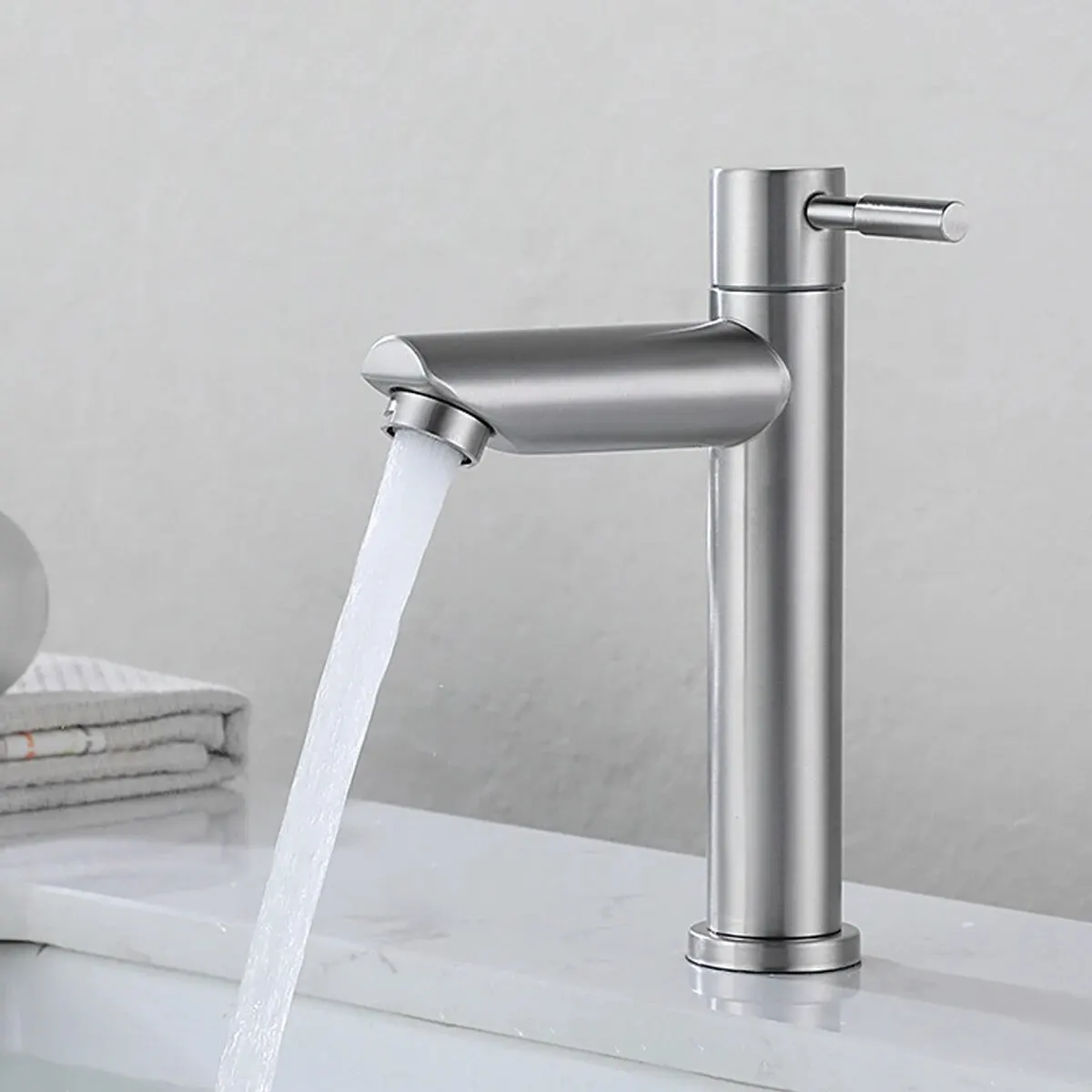 Basin Faucet 304 Stainless Steel Single Cold Water Tap Black Silver Color Deck Mounted Basin Sink Tap G1/2