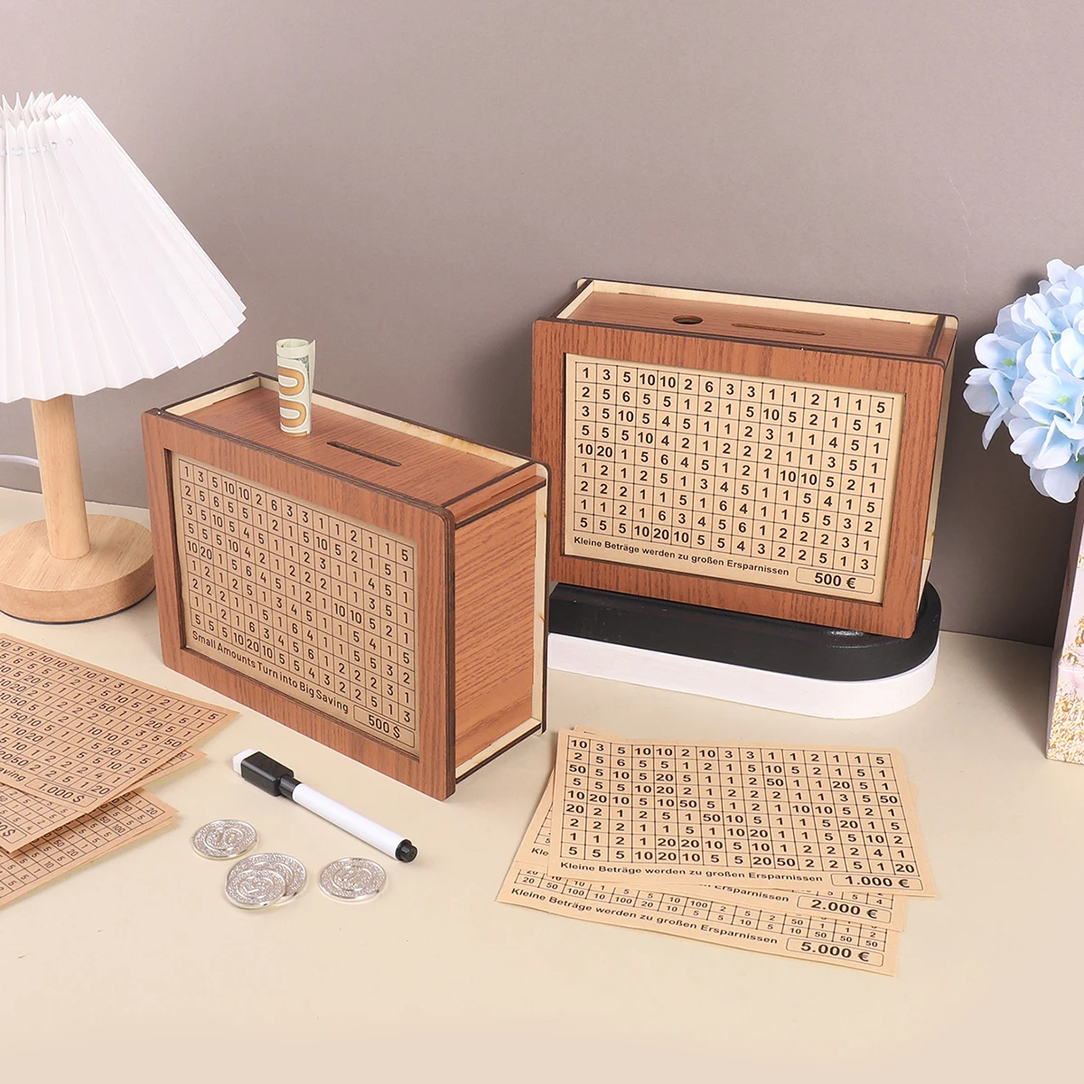 1 صندوق نقود خشبي بني فاتح، صندوق تخزين نقدي مع ملصقات قابلة للاستبدال، ديكور طاولة المنزل، منظمات ممتعة لتوفير المال #6