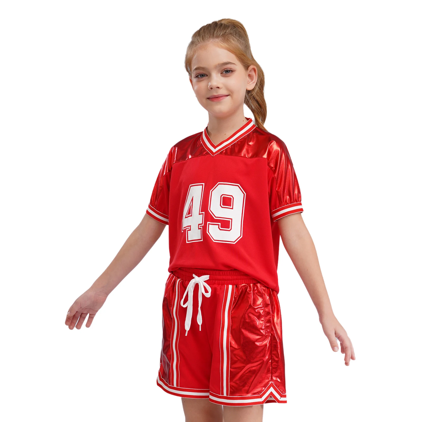 Kids Girls Fashion Metallic Sports Set Tracksuit Short Sleeve T-shirt with Shorts Outfits Basketball Football Cheerleading Set