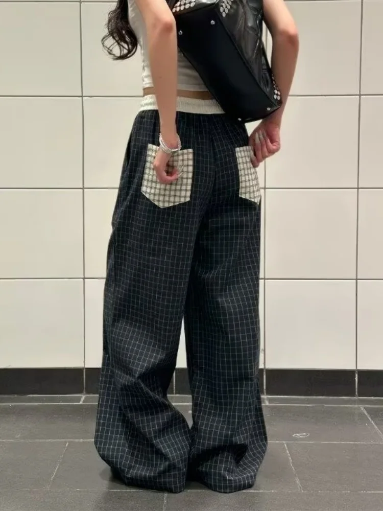 2026 Ropa Y2K Fashion Plaid Patchwork Design Drawstring Baggy Women's Pants For Woman Clothing Casual Sweatpants Long Trousers