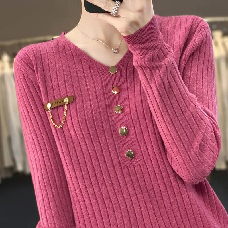 Autumn and Winter Women's Pullover V-neck Solid Button Screw Thread Rivet Lantern Long Sleeve Fashion Office Lady Casual Tops