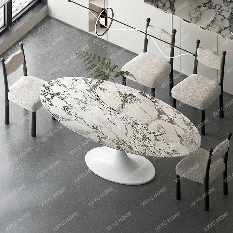 

Французский овальный обеденный стол из мрамора, элитная вилла, гостиная, тюльпан, простой стол из белой каменной плиты