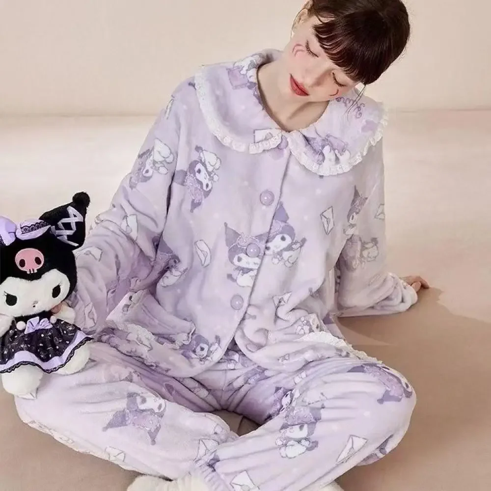 

2Pcs Kuromi Women Plush Girls Pajamas Suit Sanrioed Female Home Clothes Coral Fleece Kawaii Cardigan Tops Pants Women Sleepwear