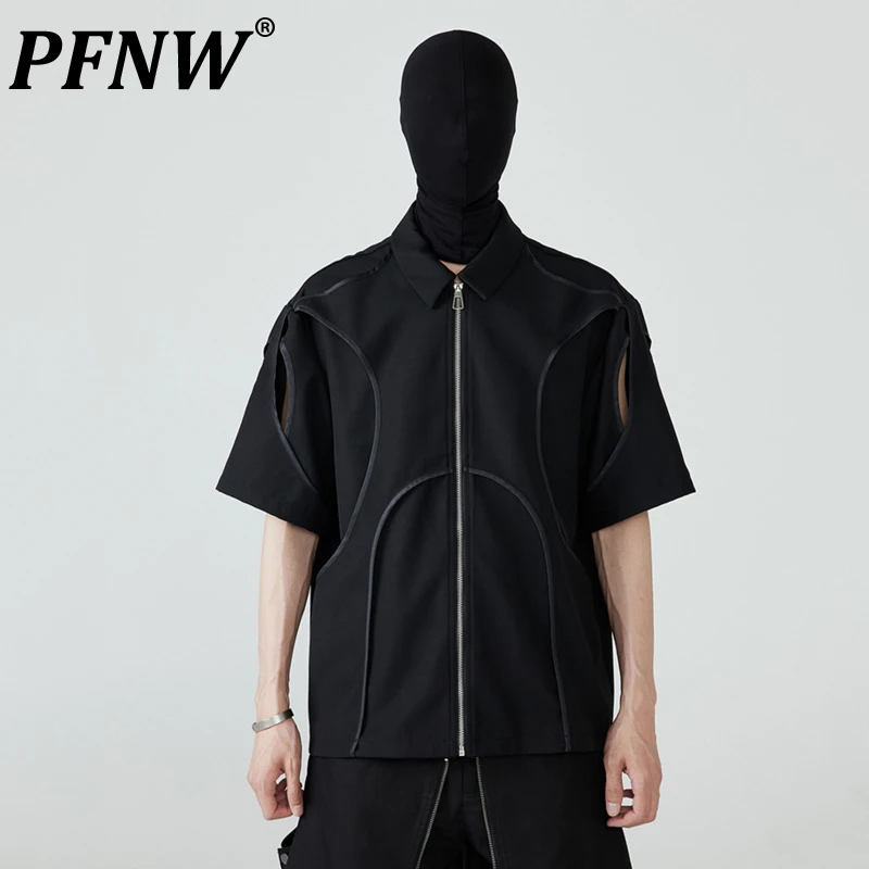 

PFNW Fashion Men's Shirts Patchwork Hollow Out Tops Turn-down Collar Short Sleeve Zippers New Male Solid Color Clothing 12C557