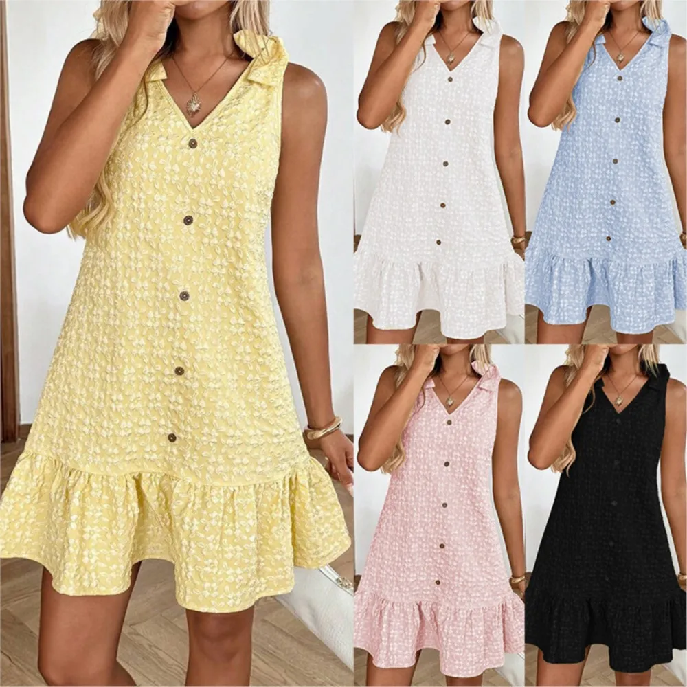 

Simple Style Spaghetti Strap Dresses For Ladies A-line Dress Vestidos Fresh And Sweet Jacquard V-link Bowknot Button Solid Color