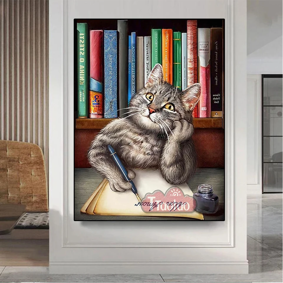 5D Full Square Round Handmade Mosaic Diamond Painting Embroidery Animal Poster Cat Writes Letters Diy Cross Stitch Picture Decor