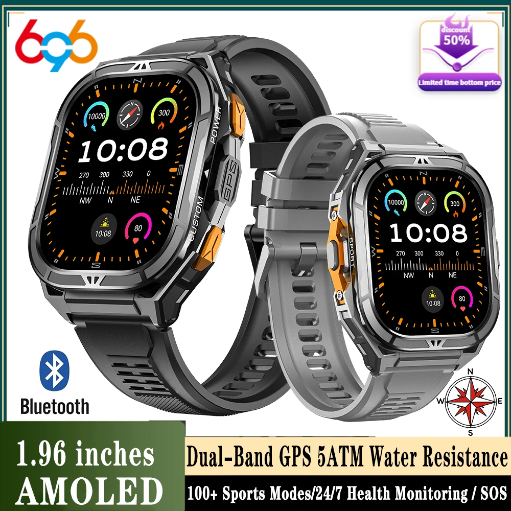 

GPS Sports Compass Blue Tooth Call 3ATM Waterproof S0S Health Monitor Smartwatch Men 530mAh 1.96 AMOLED Screen X5 Smart Watches