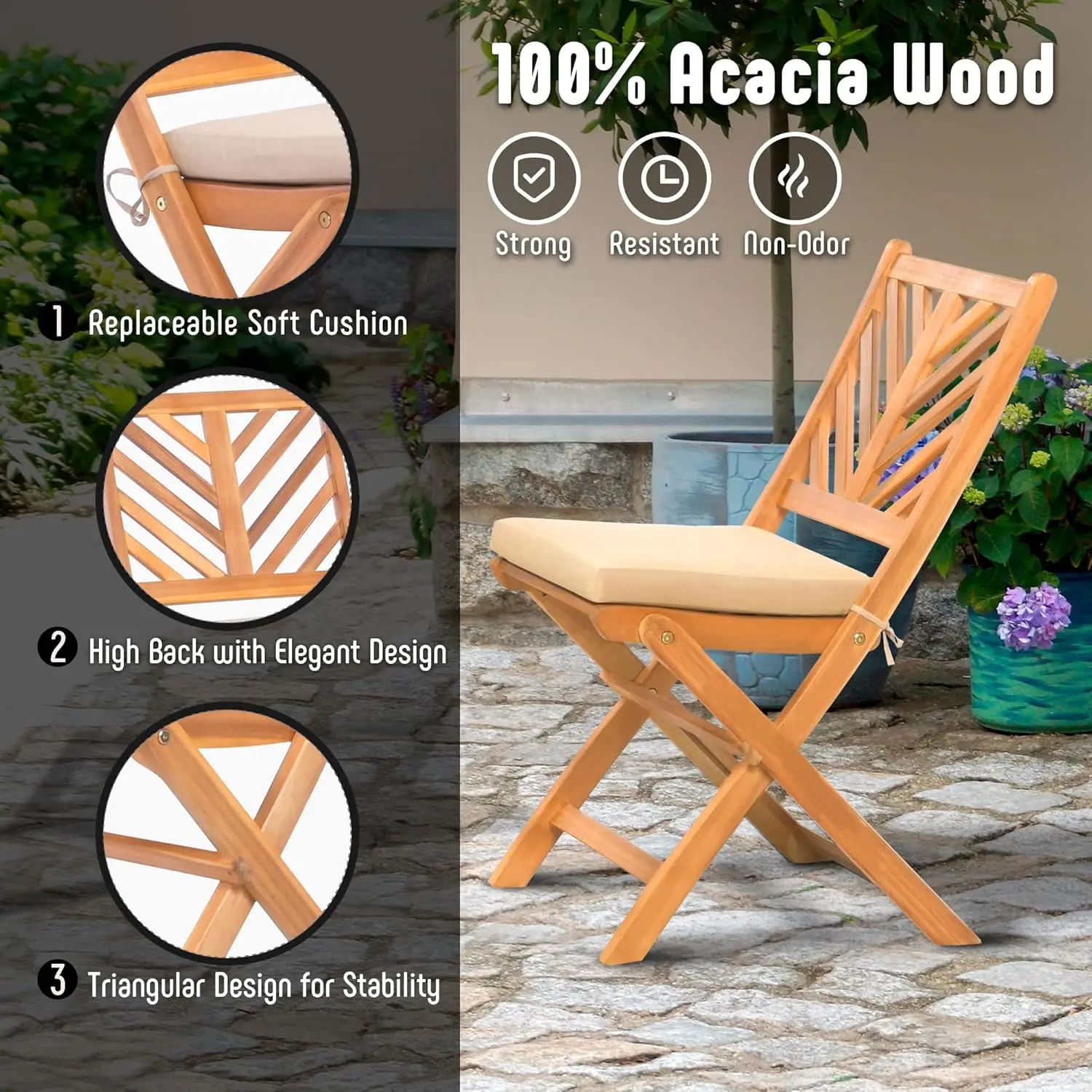 Foldable Acacia Wood Patio Set with Cushions, 2 Chairs and Table for Balcony or Porch