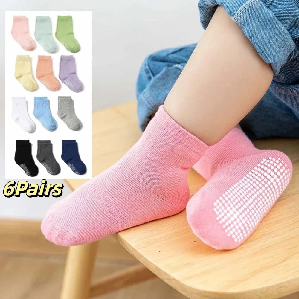 

6Pairs Dispensing Baby Cotton Socks Non-slip Breathable Toddle Short Tube Socks Solid Color Floor Socks Infant Socks Children