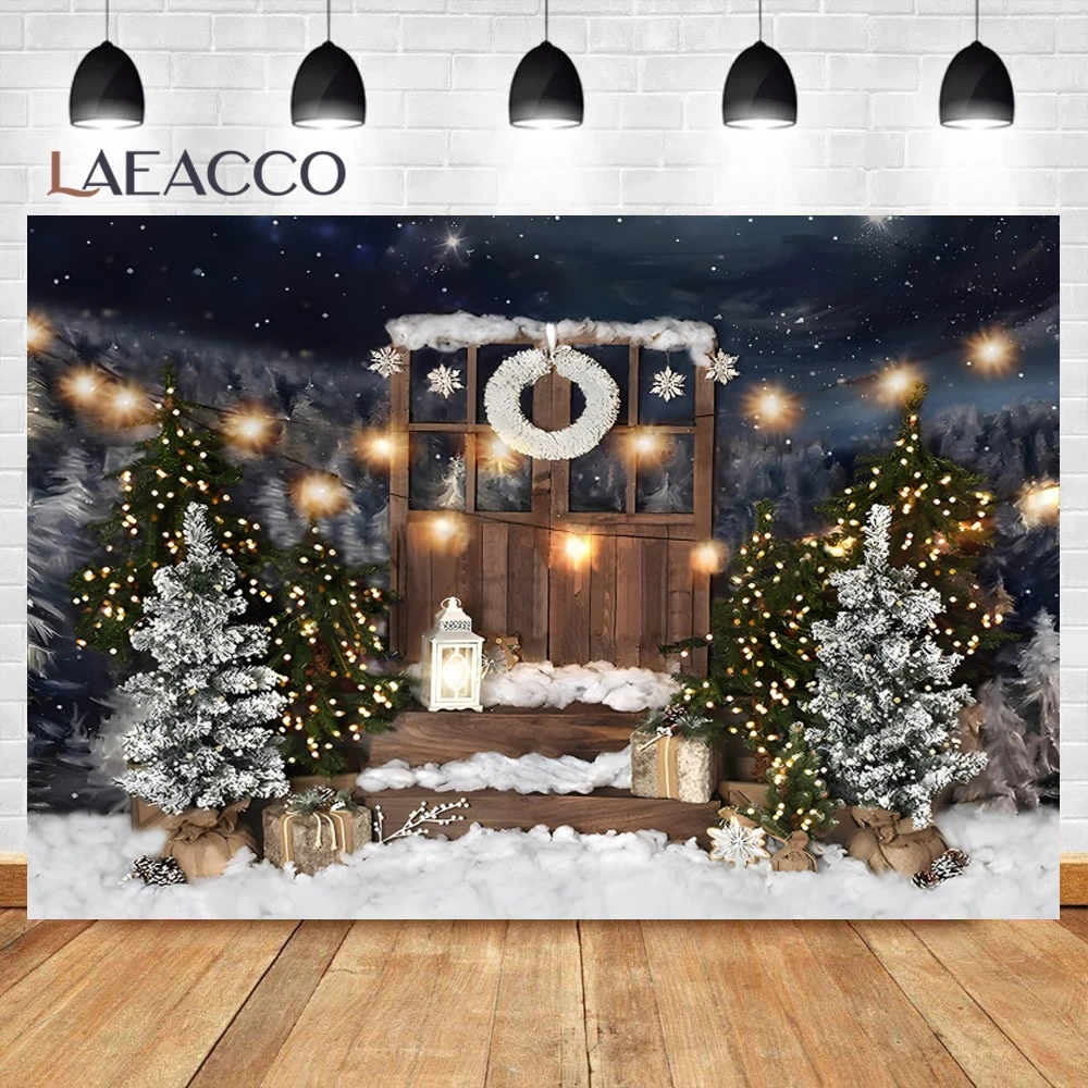 Winter Christmas Xmas Tree Photo Backdrop Snow Forest Moon Star Fence New Year Family Party Photography Background Photo Studio