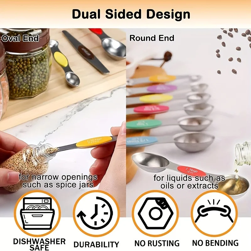Magnetic spoon set of 9 pieces, stainless steel kitchen seasoning jar, teaspoon, with level, measuring dry and liquid components