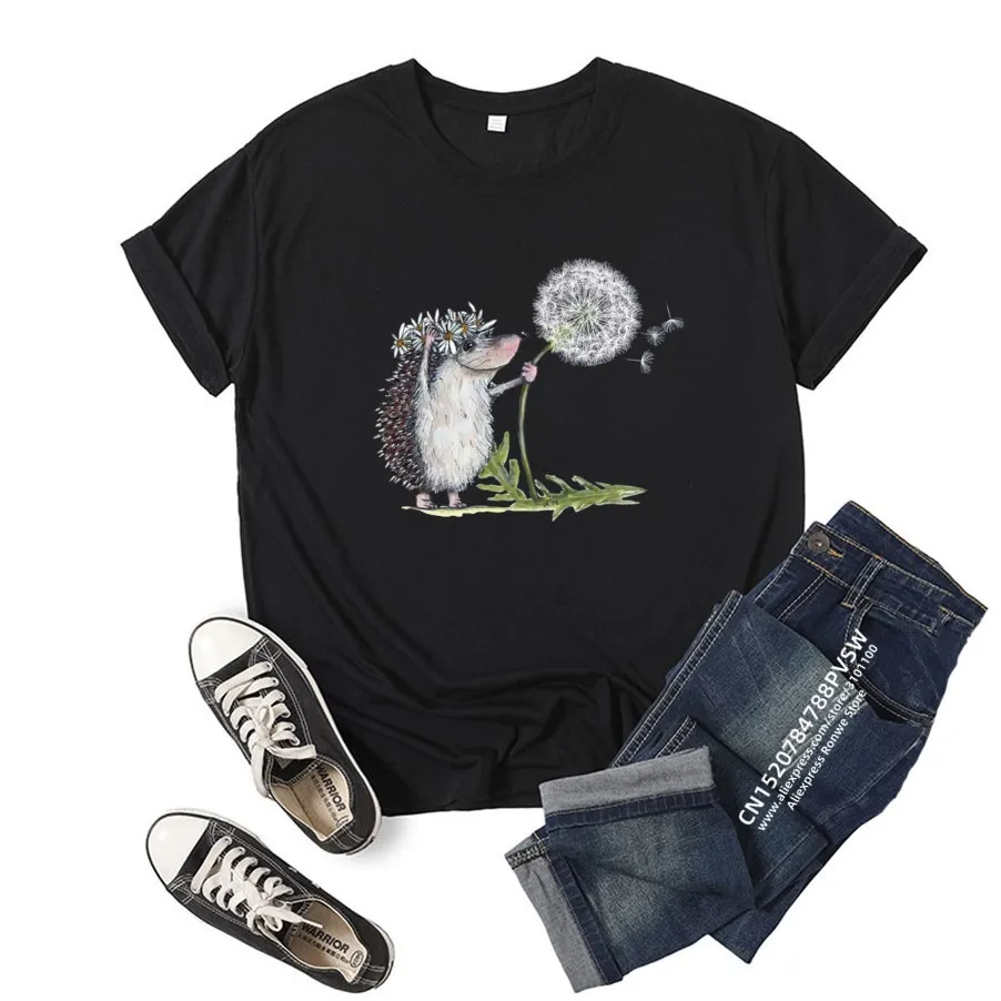 Cute Hedgehog Dandelion Women Black White Print T shirt <ne1> Summer Casual Short Sleeves Tee Tops Girl Kawaii Streetwear