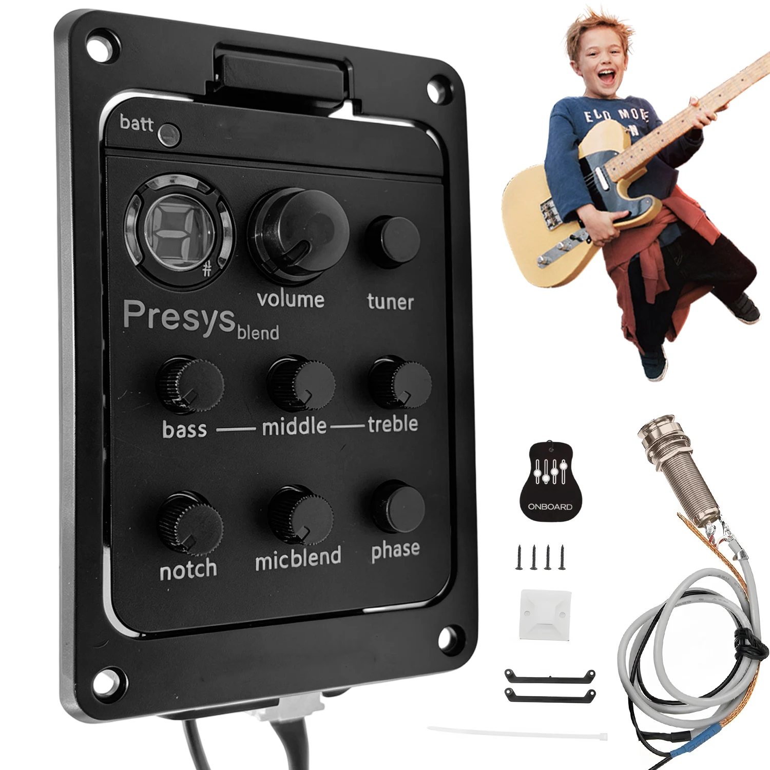 Kit de préamplificateur et d’égaliseur Presys+ 301 pour guitare acoustique folk, égaliseur à 3 bandes avec accordeur numérique, contrôle de la phase et de la brillance, accessoire de remplacement et d’amélioration du préamplificateur intégré.