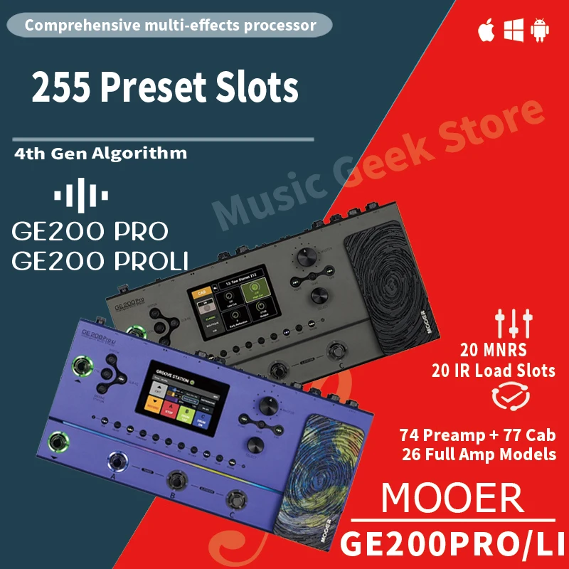 Pedal Multiefectos MOOER GE200 Pro / GE200 Pro Li, 74 Pre+77 Cab+26 Amp, 60s Looper+60 Ritmos, OTG/ASIO, Bluetooth