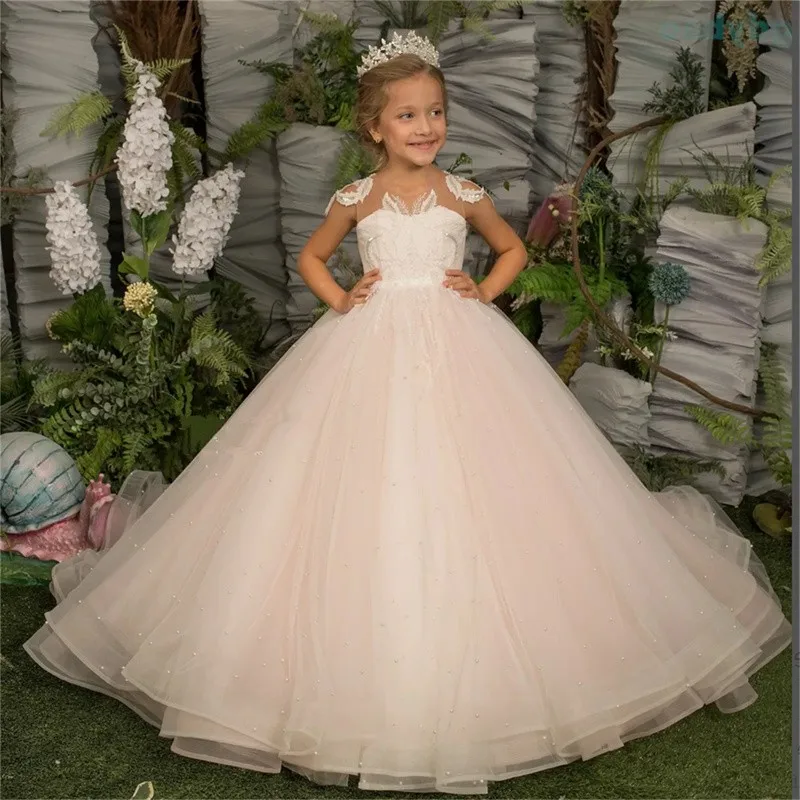 

Wedding Flower Girl Dresses Three-Dimensional Pearl Mesh Glitter Lace 2-14 Year Old Birthday Party Gown Party First Communion