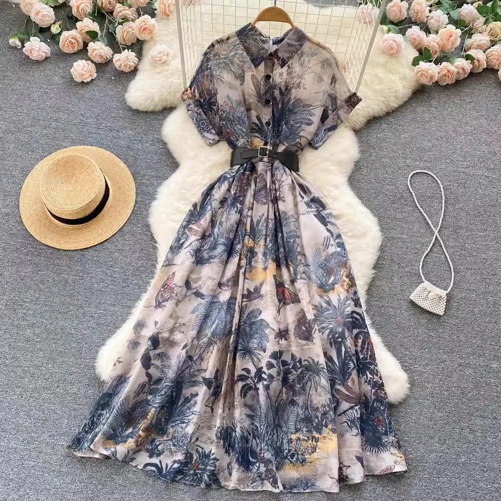 

French Retro Shirt Dress Summer Women's Lapel Short Sleeve Elegant Vintage Print Single Breasted High Waist Belt Long Vestidos