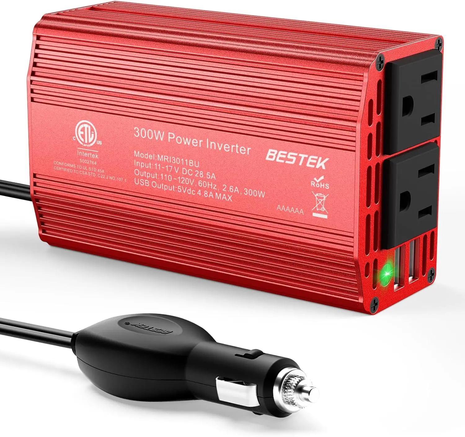 

Инвертор BESTEK DC 12В в AC 110В - 300Вт, автомобильный адаптер с двумя USB-портами для быстрой зарядки 4.8А - автомобильное зарядное устройство для прикуривателя