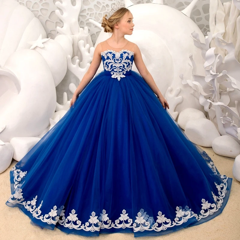 Royal Blue Flower Girl abiti Tulle Appliques bianche con fiocco senza maniche per abiti da principessa per banchetti per feste di compleanno di nozze