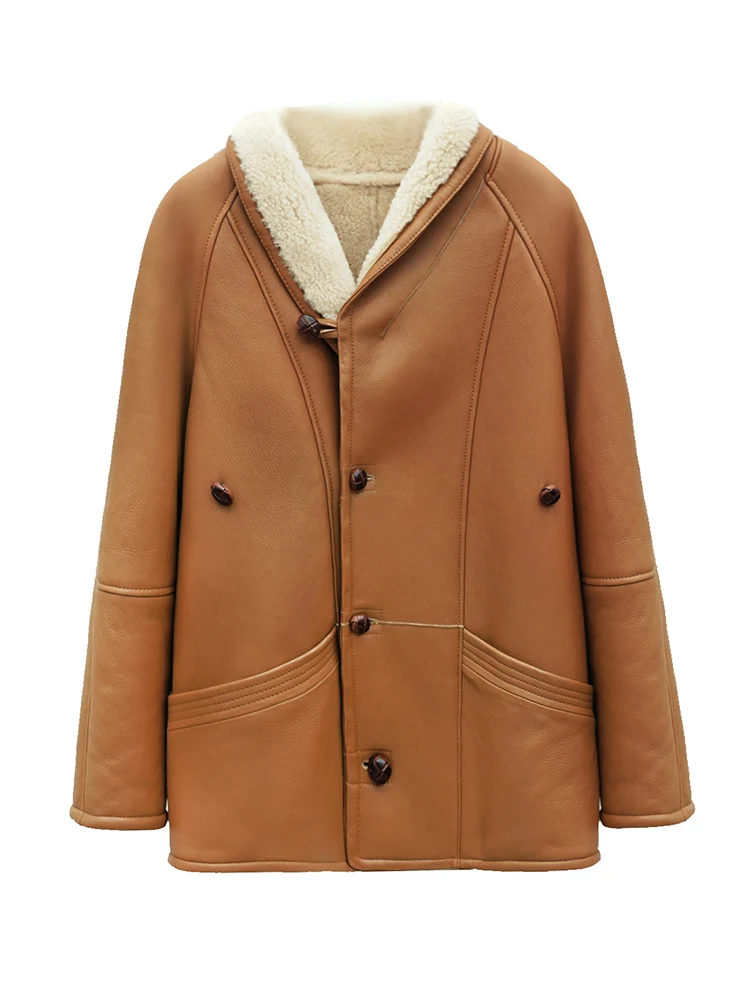 Chaquetas de invierno de piel de oveja merina de lujo de alta gama para mujer, abrigo de piel auténtica de cordero auténtica con una hilera de botones, novedad de 2025