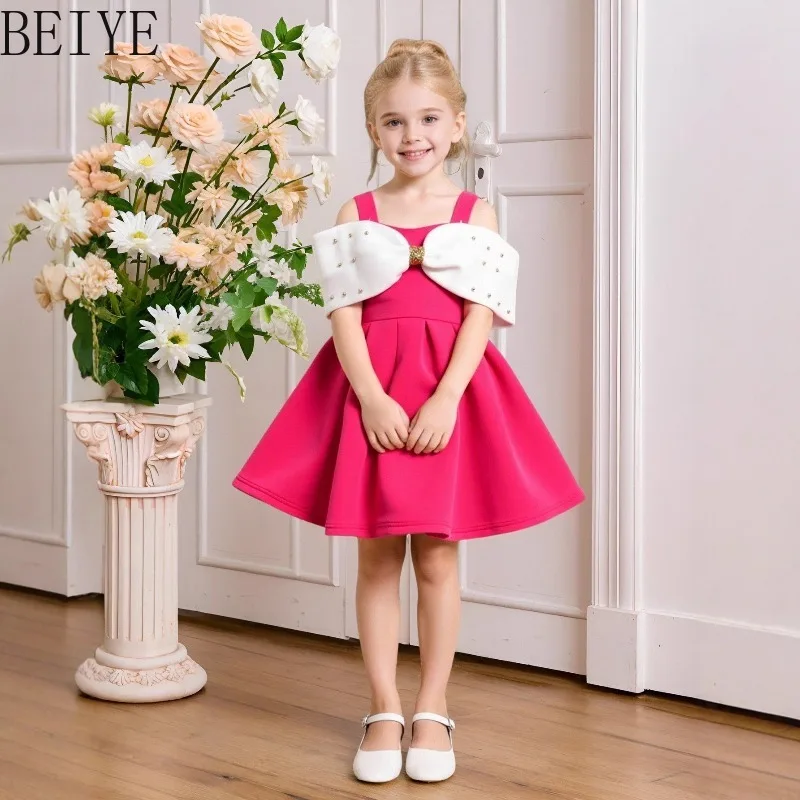 

2026 New Arrival Girls Hot Pink Big Pearl Bow Dress Sleeveless A Line Princess Gown Kids High Street Party Dress for Wedding