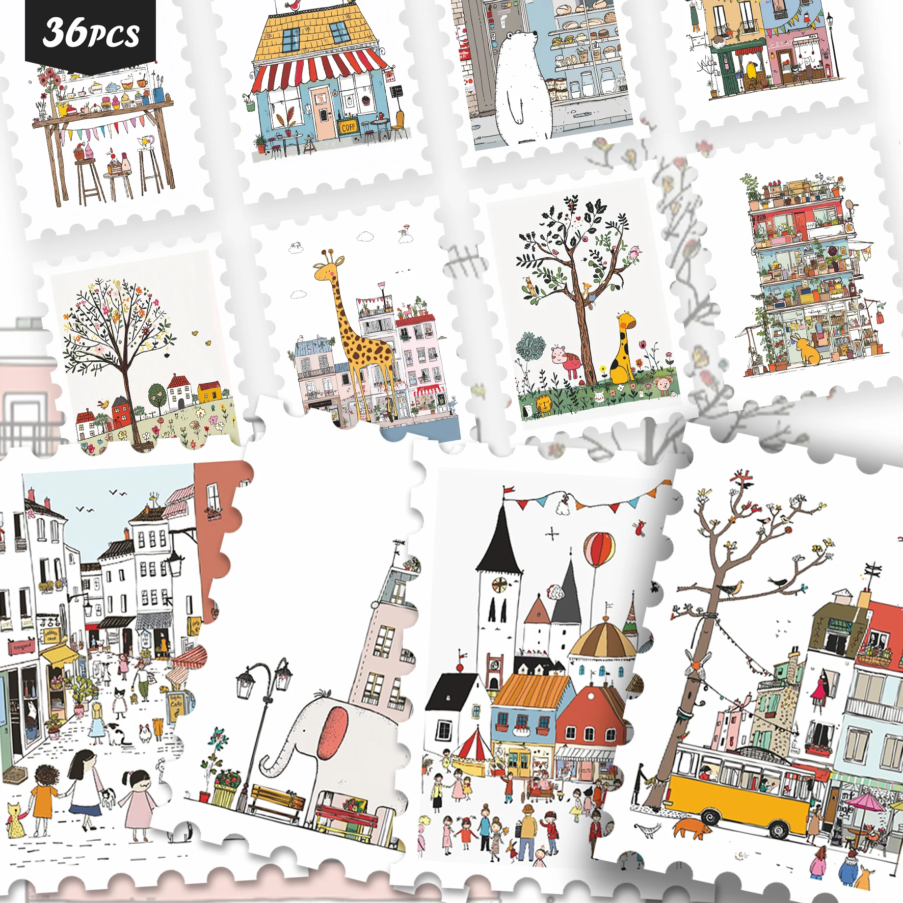 36PCS Cute Whimsical City Life Illustration Stickers, Retro Colorful Urban & Pet Aesthetic Cutout Sticker Set for Journals,