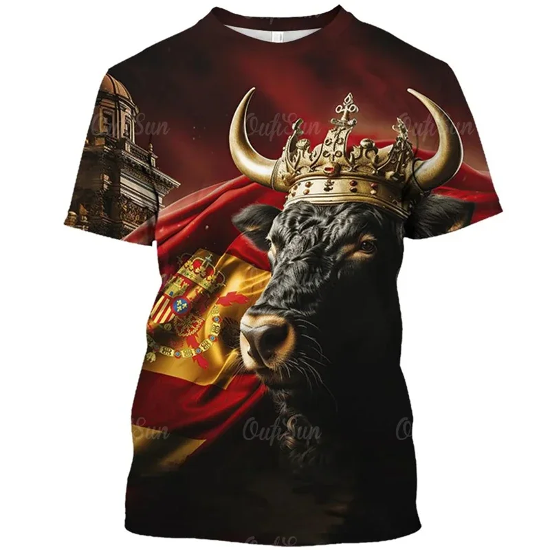 Vintage T Shirt For Men Animal Spanish Bullfighting Graphic T-shirts 3D Print Short-sleeved Tees Oversized Loose Tops Streetwear